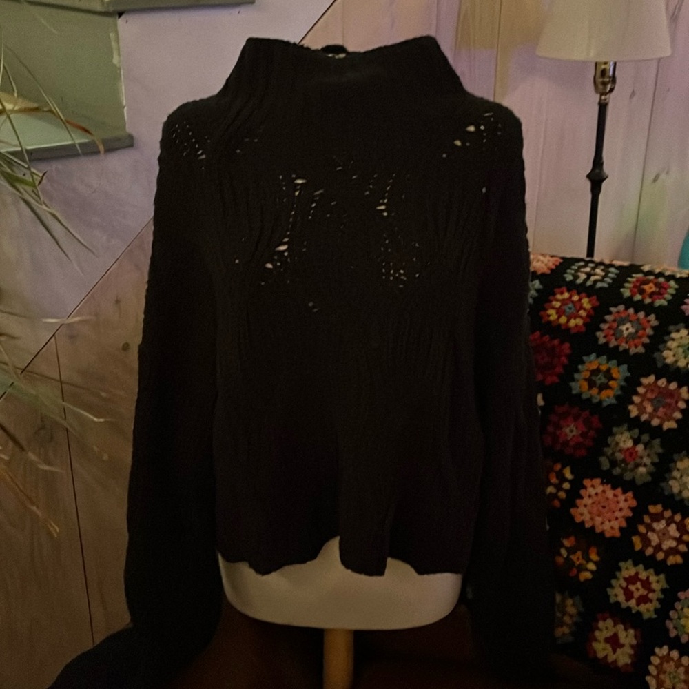 Free People mock turtleneck chunky black cable knit sweater